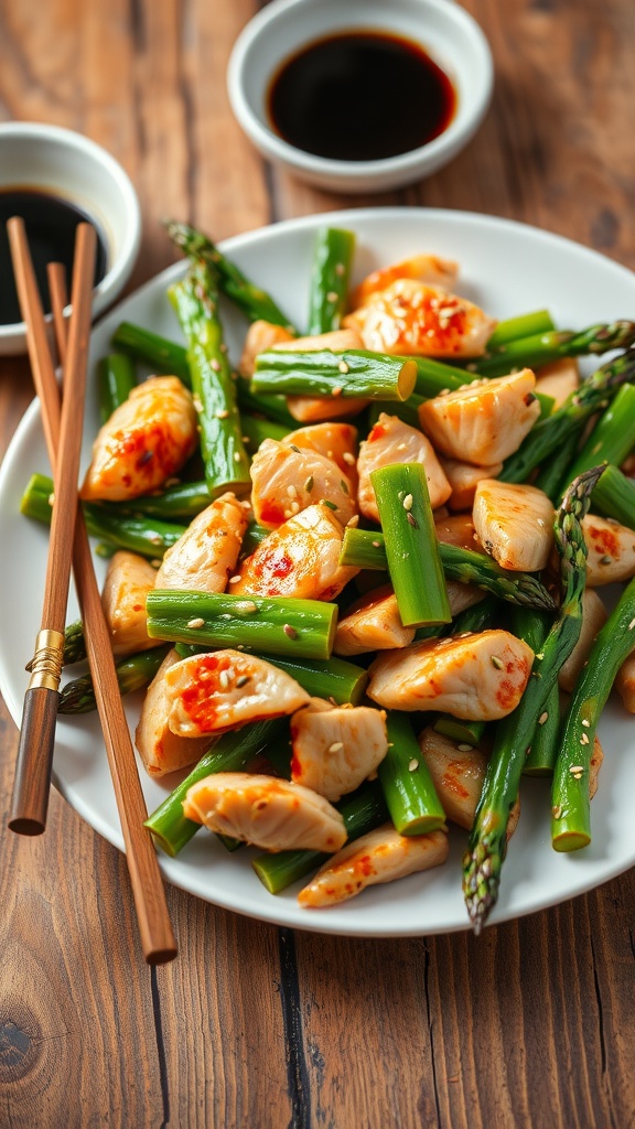 Chicken and asparagus stir-fry on a white plate, garnished with sesame seeds, served with chopsticks.